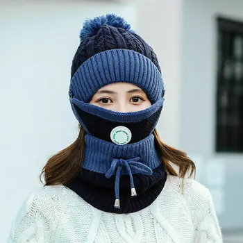 

Brand New 3pcs Women Winter Warm Beanie Hat Scarf Mask Set Knitted Snow Ski Cap Fashion Plush Wool Knit Anti-proof