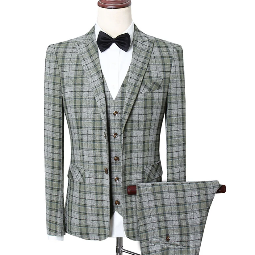 Оранжевый маття зеленый мужские свадебные костюмы 3 шт Slim Fit клетчатый мужской костюм дизайнер 5XL плюс размер деловой строгий костюм мужской Q862