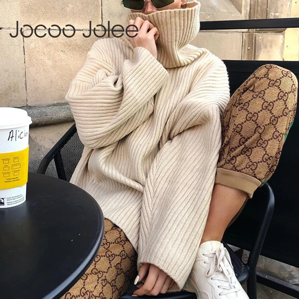 

Jocoo Jolee Women Solid Batwing Sleeve Turtleneck Long Style Sweater Europe Loose Vintage Knitted Pullover Winter Casual Jumpers