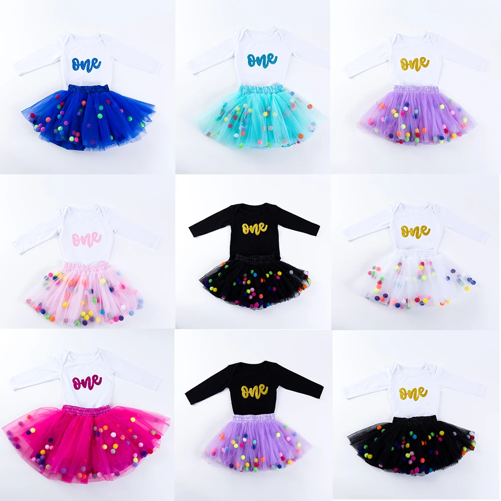 

New Baby Girls T-Shirt Tutu Tulle Skirt Cloth Set Toddler Long Sleeves Print Cotton Clothing Colorful Pompom Ball Outfit Skirts