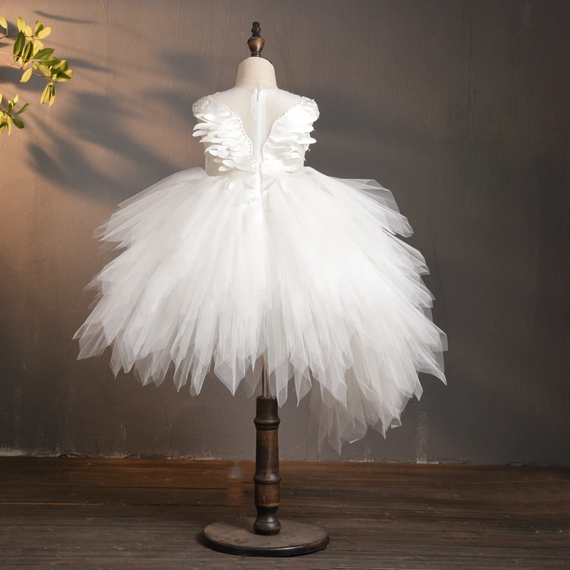 Elegant Swan Crystal Tulle Trailing Flower Girl Dress Evening Gown Kids Pageant Dress Birthday Party Feather Lace Princess Dress little girl skirt dress