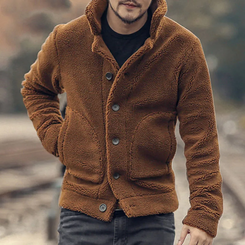 Winter Fleece Men Jackets Coats Fashion Fluffy Long Sleeve Solid