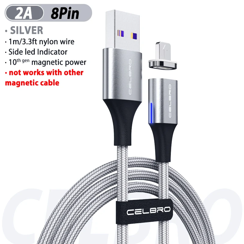 Магнитный кабель 3A Micro usb type C для быстрой зарядки и зарядки для huawei P20 P30 Pro светодиодный кабель длиной 1 м 1,5 м 2 м - Цвет: sliver 8 pin