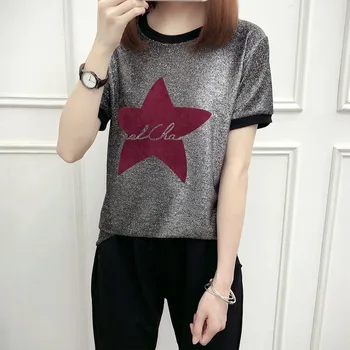 

DONAMOL Silver Five-pointed star flocking printing T-shirt women 2020 casual loose Plus Size bright silk short sleeve tops tees