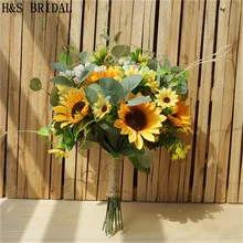 H& S свадебный букет подсолнуха зеленое растение цветок солнца Свадебные букеты Желтый искусственный свадебный цветок невесты букеты