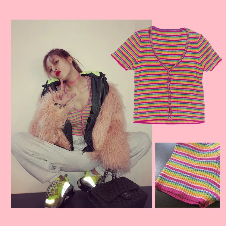 

kpop 4Minute Kim Hyun A same Rainbow color Knitting Short Sleeve T Shirt Women 2019 summer sexy V-neck tshirt korean tees tops