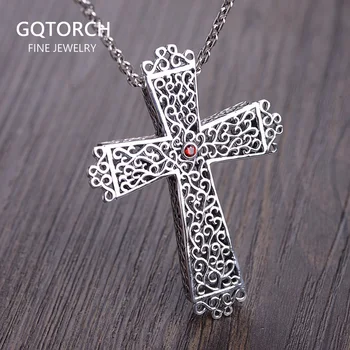 

925 Sterling Silver Orthodox Cross Pendant For Men Hollow Flowers Natural Garnet Personalized Religious Jewelry Oorbellen Ringen
