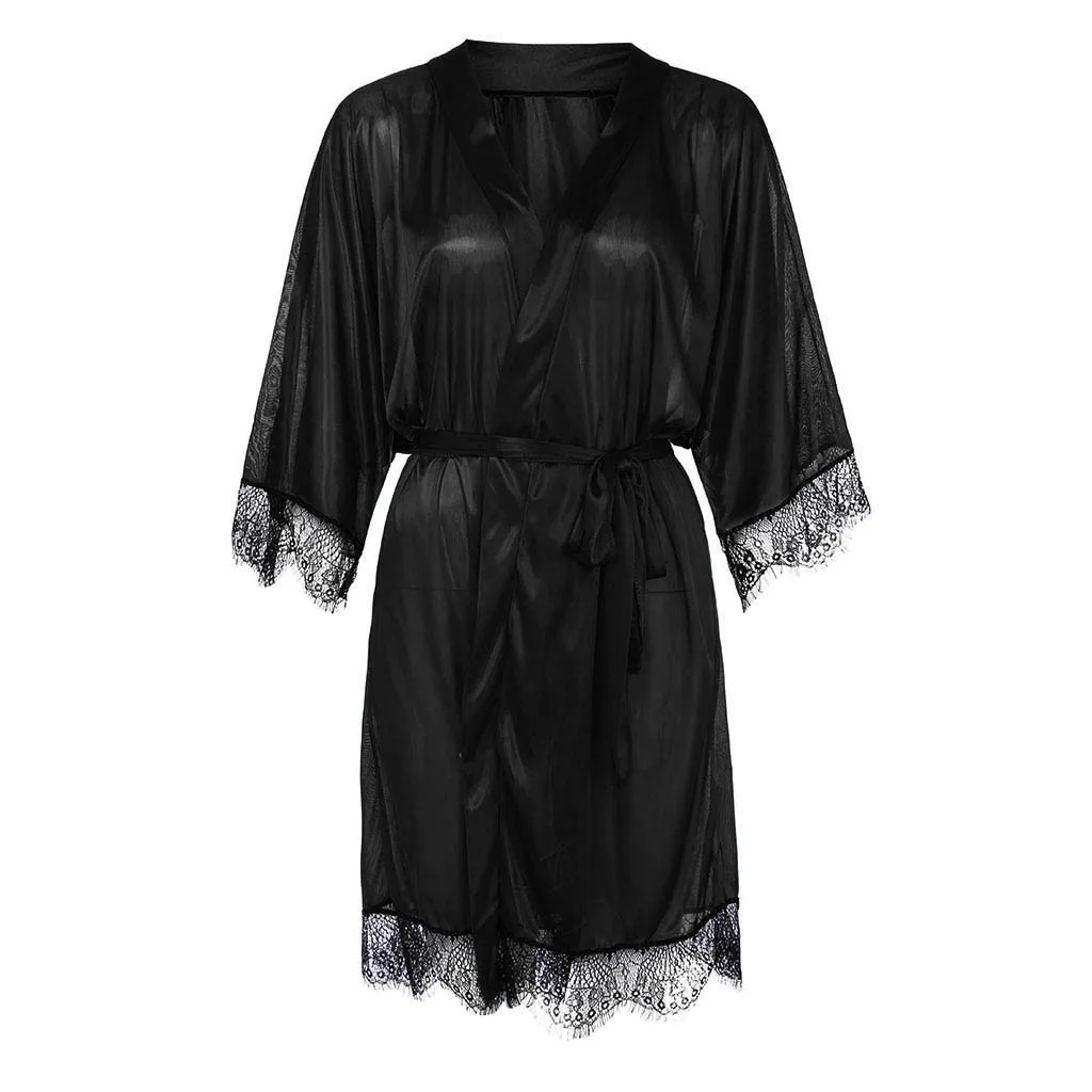 Satin Lace Black Kimono Intimate Sleepwear Robe Sexy Night Gown Women