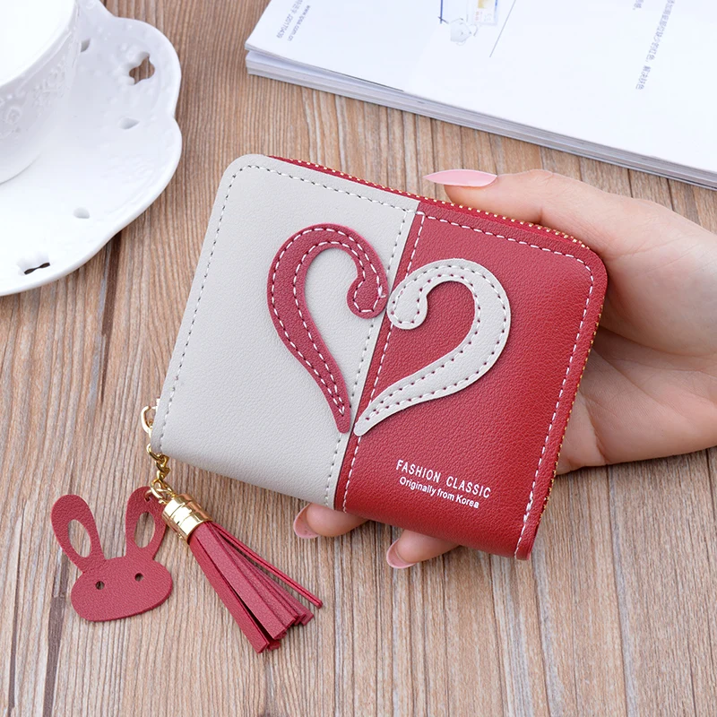 New women's wallet zipper leather small wallet short student Korean fashion mini hit color tassel wallet