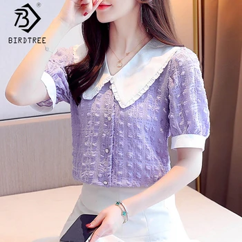 

Patchwork Casual Shirts For Women 2020 Summer Peter pan Collar Short Sleeve Single-breasted Chiffon Blouses Tops T05701K