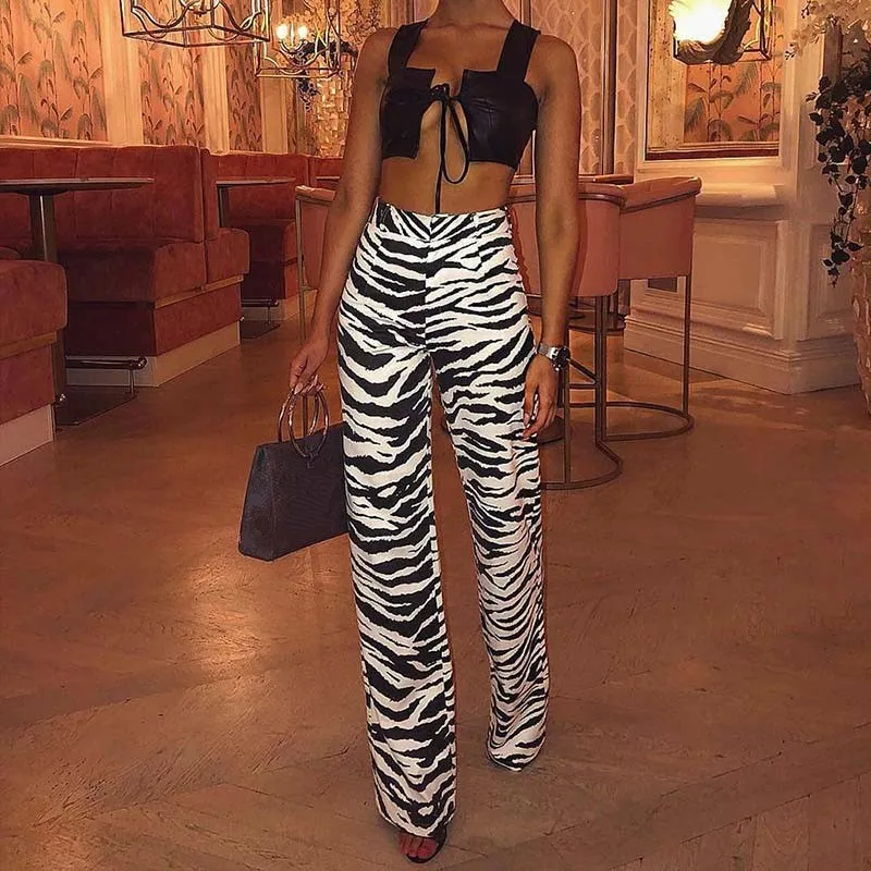 

New Women's High Waist Long Zebra Print Wide Leg Pants Fake Zippers Fashion High Street Casual Loose Trousers
