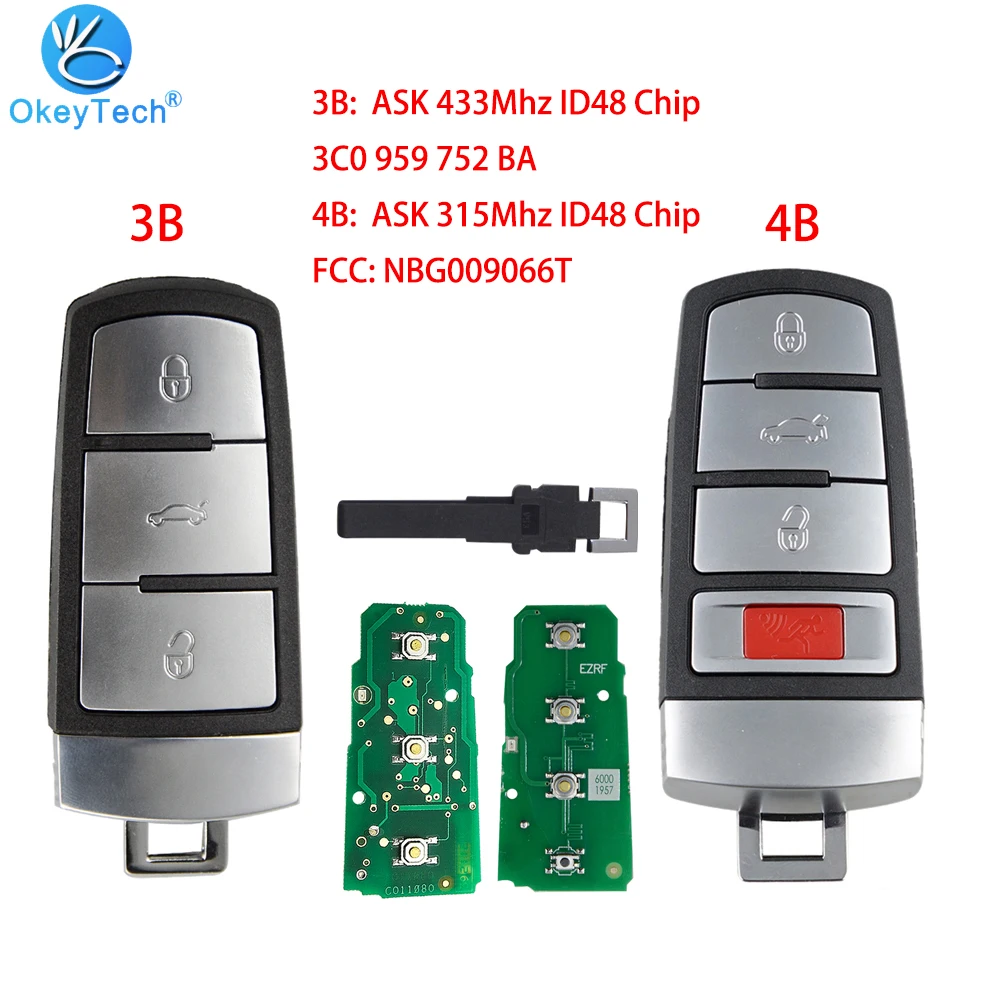

OkeyTech Remote Car Key 3/4 Buttons ASK 315/433MHz ID48 For VW For Volkswagen Passat 2006-2015 for CC, NBG009066T 3C0 959 752 BA