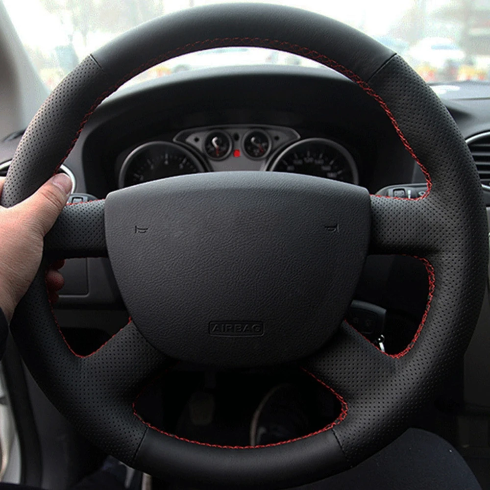 Чехол рулевого колеса автомобиля из натуральной кожи черного цвета для Ford Focus 2 2005