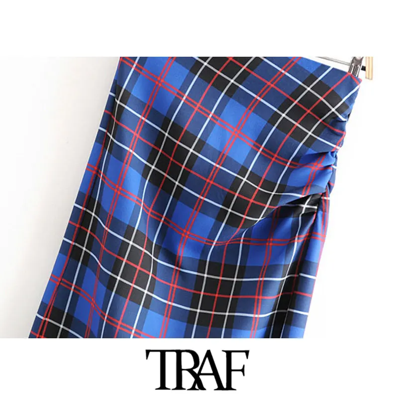 TRAF, Женская винтажная элегантная офисная одежда, клетчатая юбка миди, модная, высокая талия, молния сзади, разрезные женские юбки, повседневные, Faldas Mujer