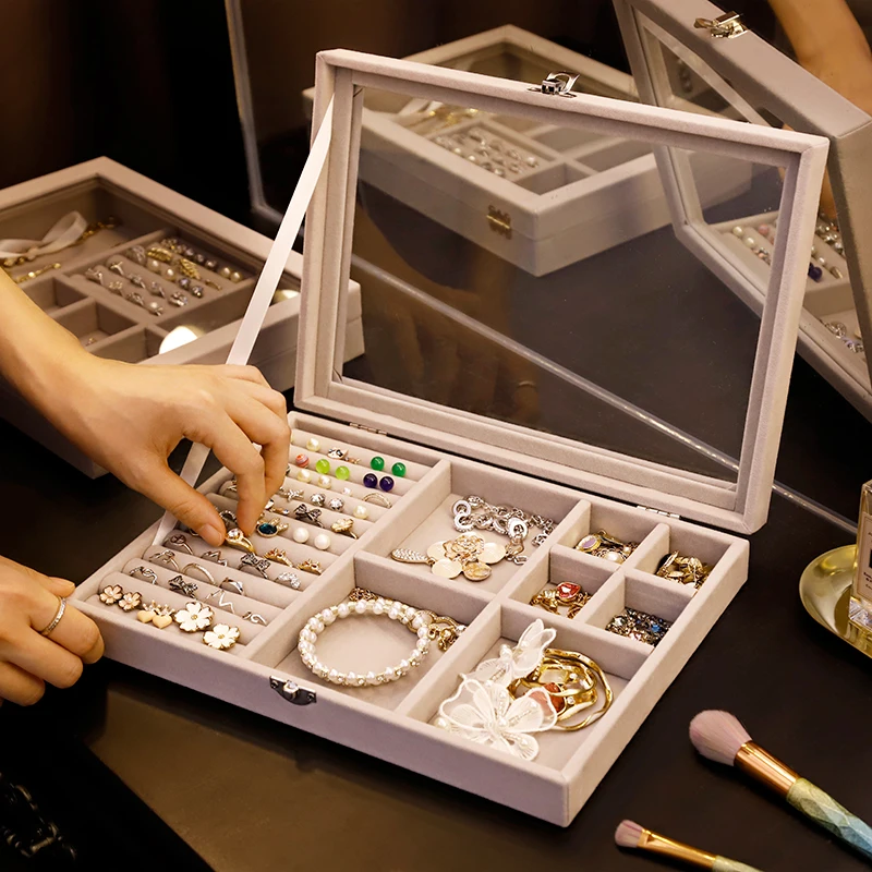 Velvet Gray Carrying Case with Glass Cover Jewelry Ring Display Box Tray Holder Storage Box Organizer Earrings Ring Bracelet