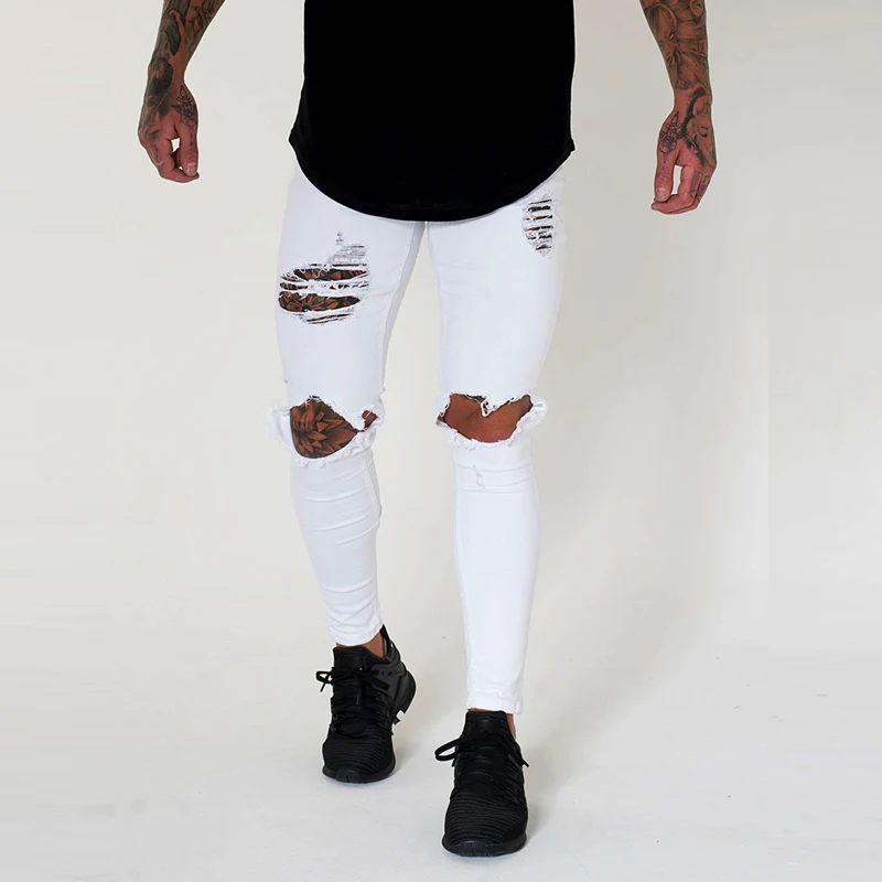 Джинсы с большими дырками, мужские уличные обтягивающие джинсы, байкерские джинсы, Стрейчевые Джоггеры в стиле хип-хоп, хлопковые узкие брюки, облегающие брюки - Цвет: White