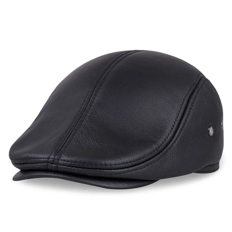 black beret for men HL042 Men's Real Genuine Cow Leather Baseball Hat Brand Newsboy Beret Winter Warm Caps With Ear Flap mens military beret Berets