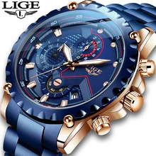 LIGE-reloj analógico de acero inoxidable para hombre, nuevo accesorio de pulsera de cuarzo resistente al agua con cronógrafo, complemento masculino deportivo de marca de lujo con esfera de fecha, disponible en color azul, 2020