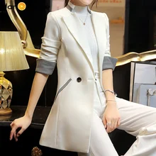 

Spring Autumn Women Patchwork Cuff Mandarin Collar Long Blazer Jacket 2020 Ladies