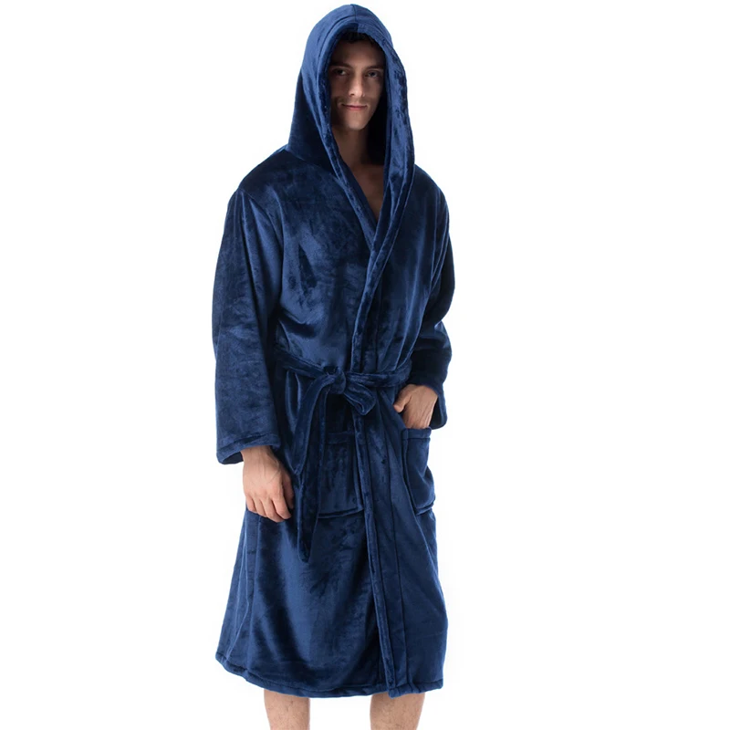 Толстый теплый Халат с капюшоном для женщин и мужчин, фланелевый купальный халат зимний плотный плюшевый халат для пар, Прямая поставка - Цвет: Navy