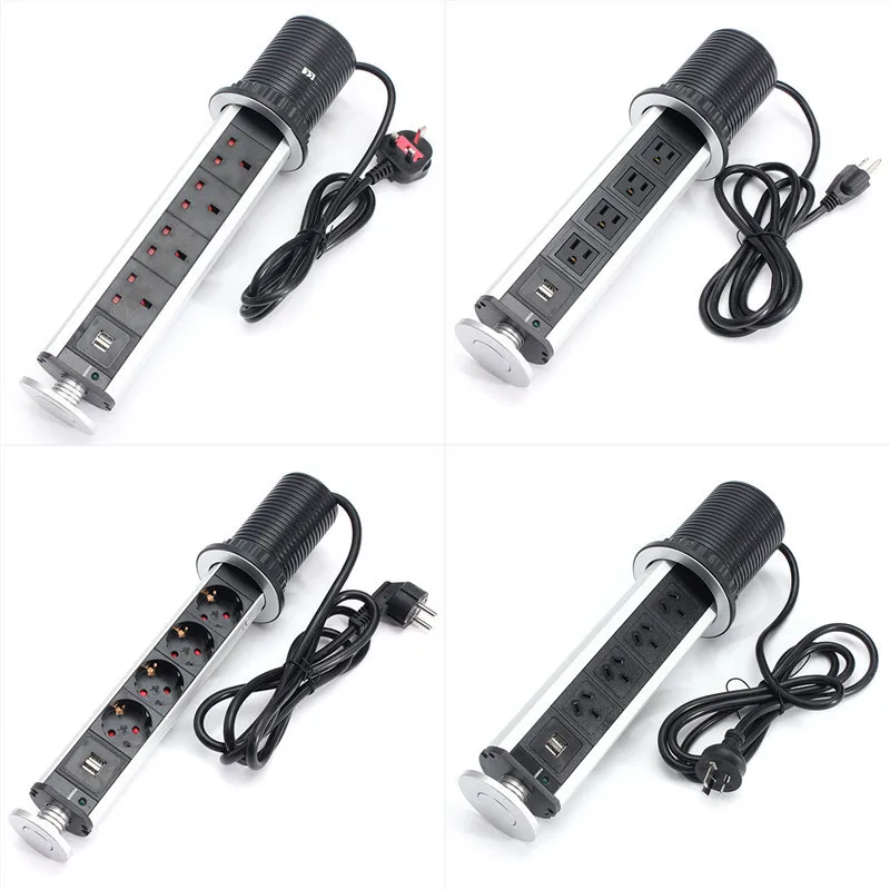 

2500W US/UK/EU/AU Plug Pull pop-up Electrical Socket 4 Power 2 charge USB Aluminum Shelf LED Desk Worktop Extension Table Home