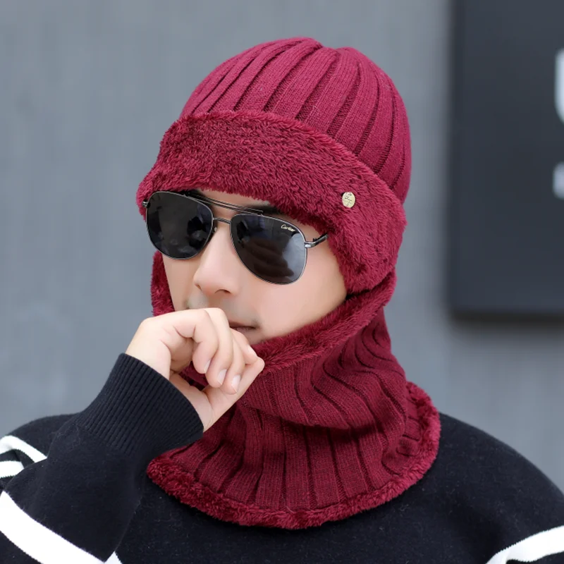 SUOGRY High Quality Winter Hats For Fashion Knitted Hat Scarf Warm Cap Thick Fur Hat Beanie Cashmere Wool Male Beanie - Цвет: Hat scarf red