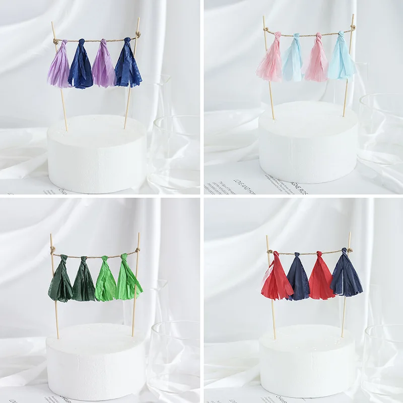 

Happy Birthday Cake Topper Purple Pink Flag Baking Decoration Tassel Korean Creative Popular Plug-in Wedding Dessert Supplies