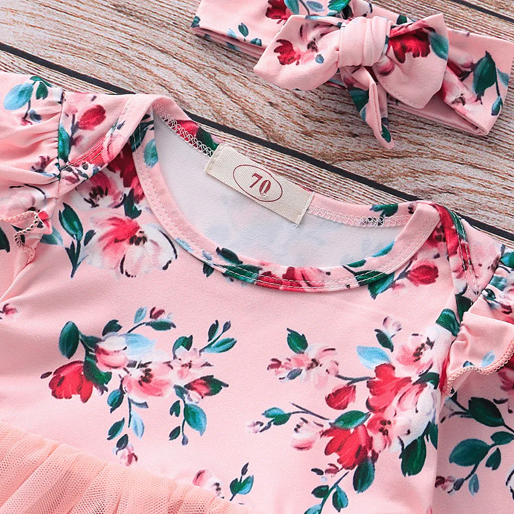 Платья для новорожденных девочек из 2 предметов; платье принцессы с фатиновой юбкой с длинными рукавами и цветочным принтом для свадебной вечеринки; повязки на голову; наряды;# G2
