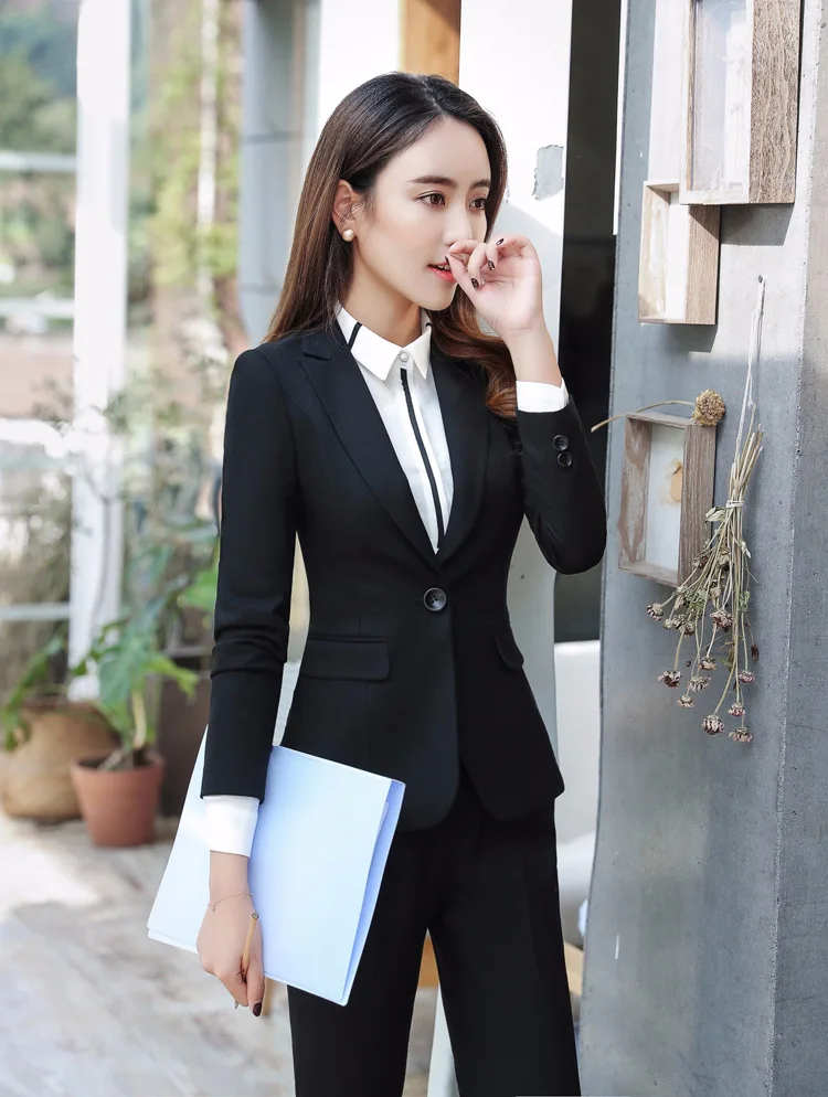 Gray Blue Female formal Women's Suits Classic Office Lady Business Pantsuit Blazer Trouser Suit Set Work wear Uniform Costumes