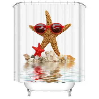 

Waterproof Thicken Starfish with Sunglasses White Polyester Mildew Proof Bath Tub Shower Curtain with 12 pcs Hooks