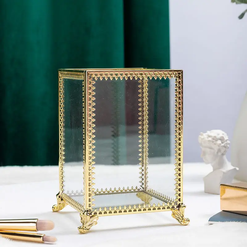 Ins Vintage Glass Makeup Brush Holder Gold Square Prismatic Copper Edging  Cosmetic Holder Lipstick Pencil Storage Container 5