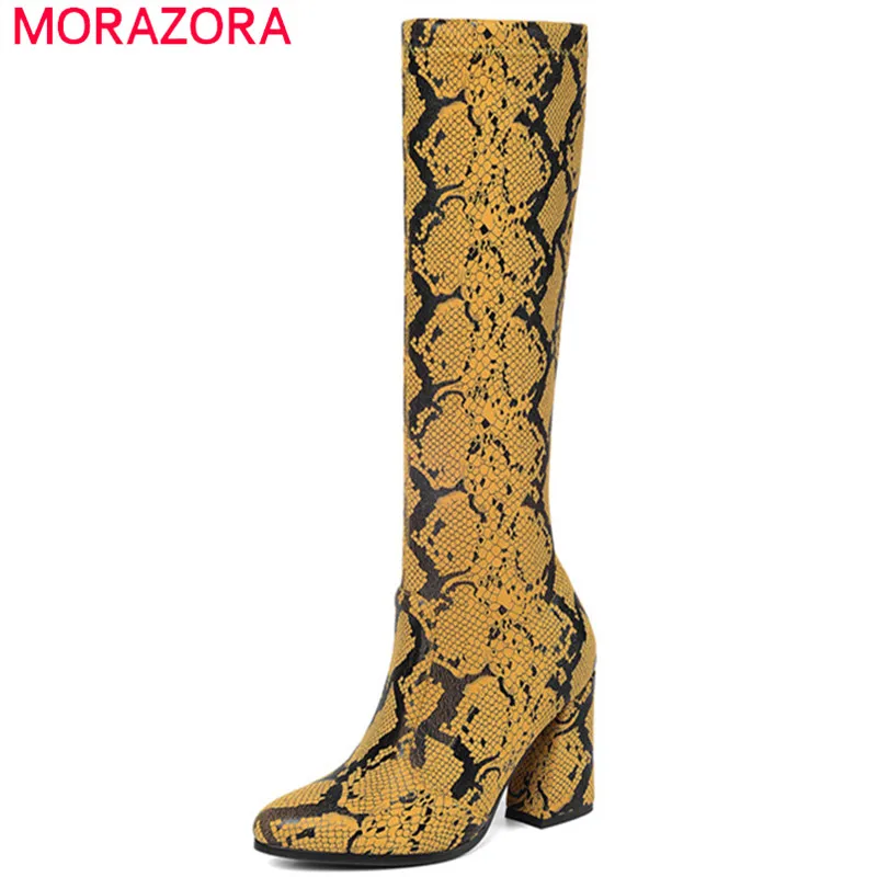 MORAZORA 2020 new arrival knee high boots women round toe heels party prom shoes snake sexy Stretch female | Обувь