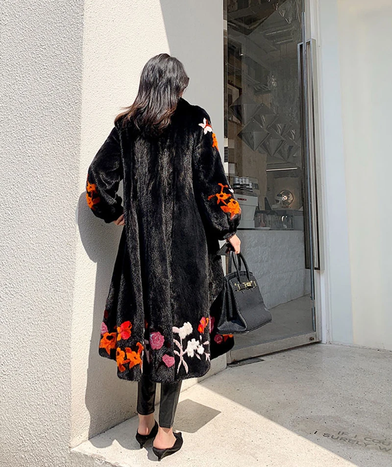 Ftangaiur Winter Import Velvet Mink Fur Coat Print Turn-Down Collar Mink Coat Women's X-Long Natural Real Mink Fur Coats