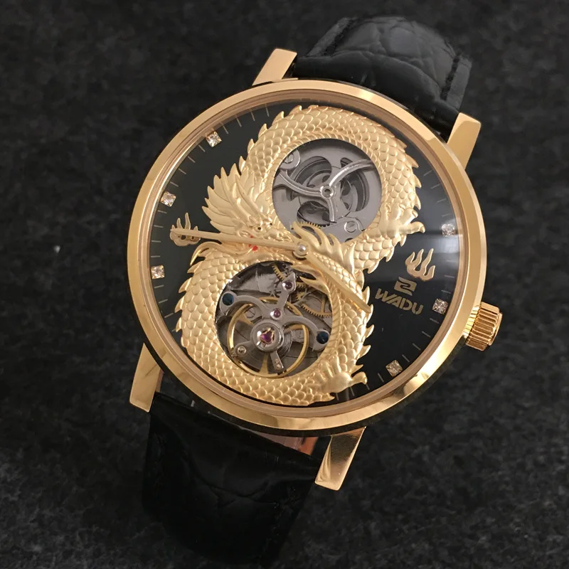 

Top Brand Carving Dragon Automatic Mechanical Men Watch Stainless Steel Gold Self-Wind Wrist Watch Brown Leather Strap Clock