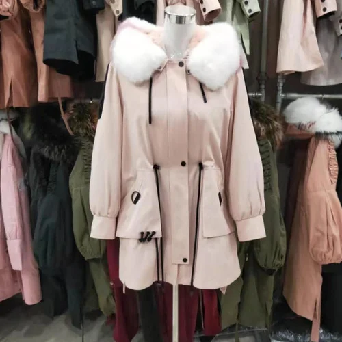 Розовый Шуба Highstreet с воротником из натурального Лисьего меха, с капюшоном, с подкладкой из кроличьего меха, с завязками на талии, длинное пальто для женщин, Зимняя Повседневная теплая верхняя одежда - Цвет: Розовый