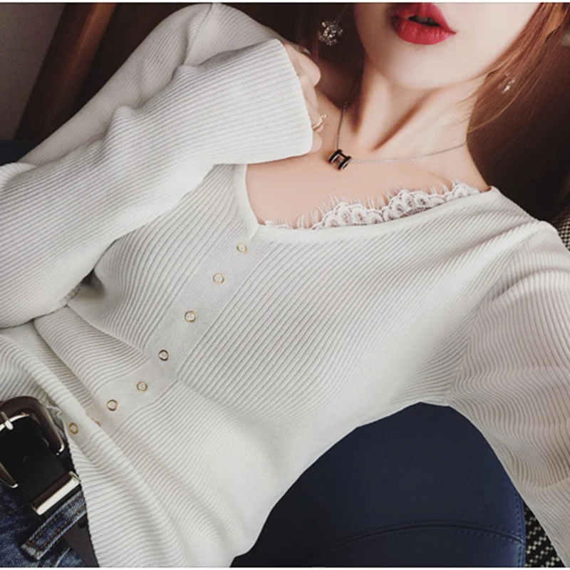 4xl Плюс большой размер свитер женский весна осень зима выдалбливают Кружева стежка чистый цвет черный белый v-образным вырезом Топ женский A5228 - Цвет: White