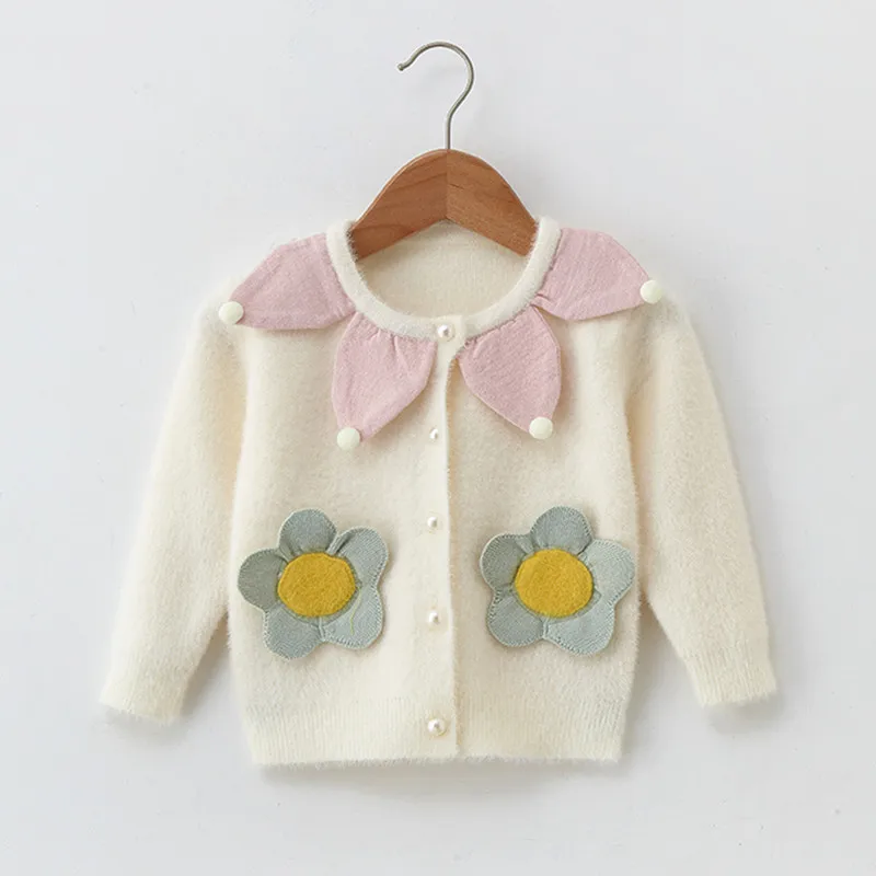 Вязаный кардиган принцессы с жемчужинами и цветами для маленьких девочек от 12 месяцев до 4 лет модный детский свитер для девочек на осень и зиму