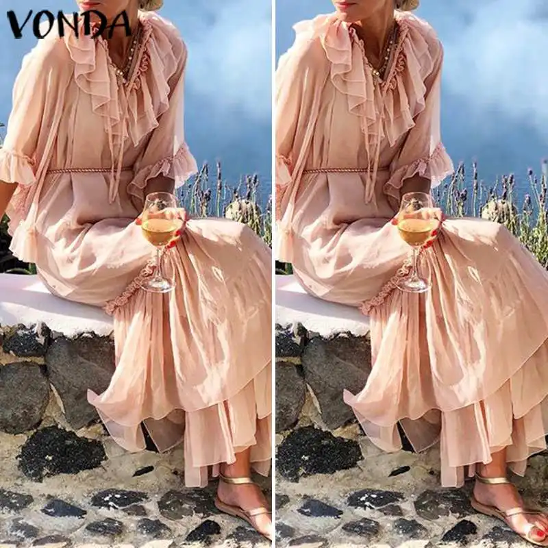 VONDA богемное Макси-платье, сексуальное, с v-образным вырезом, с коротким рукавом, однотонные платья, пляжный сарафан, праздничное, Vestidos Femme Robe