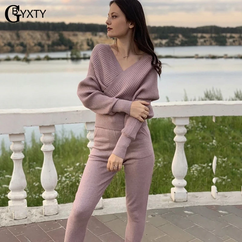 Женский трикотажный спортивный костюм GBYXTY элегантный с V образным вырезом свитер