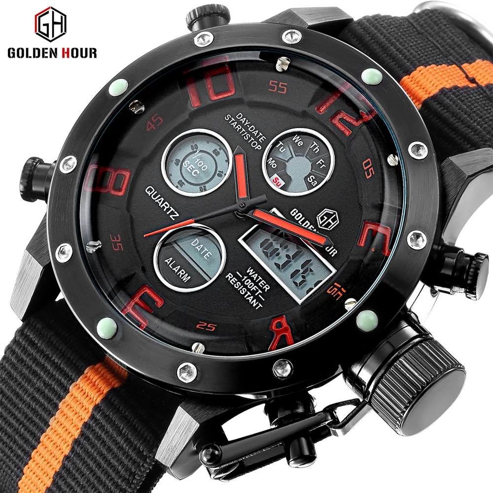 

2019 GOLDENHOUR New Sport Canvas Men Watch Relogio Hombre Automatic Digital Male Clock Waterproof Wrist Watch Relogio Masculino