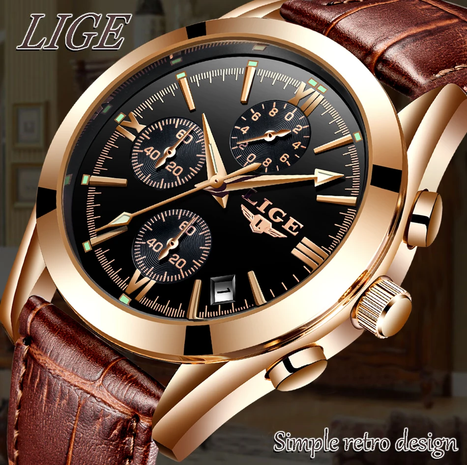 Montre homme LIGE, модные золотые мужские часы, кожаные аналоговые кварцевые часы для мужчин, 30 м, водонепроницаемые спортивные часы с хронографом и датой, мужские часы+ коробка