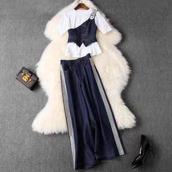 

New European and American women's dresses for spring 2020 Short sleeve T-shirt cowboy jacket Hot diamond jeans three-piece suit