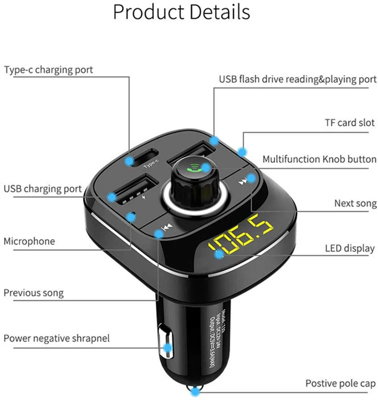 T19 Bluetooth передатчик тип-c двойной USB Автомобильное зарядное устройство fm-передатчик MP3 3.1A плеер Bluetooth Hands-Free автомобильный комплект