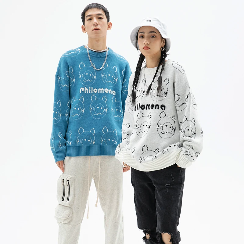 

Tide brand retro cute full print cartoon towel embroidered BF wind sweater