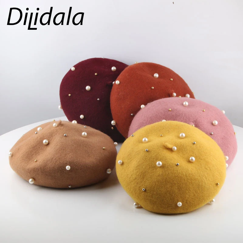 Dilidala, новинка, женский берет для женщин, милая и милая теплая шерстяная фетровая шапка с жемчугом, осенняя и зимняя шапка конфетного цвета с тыквой