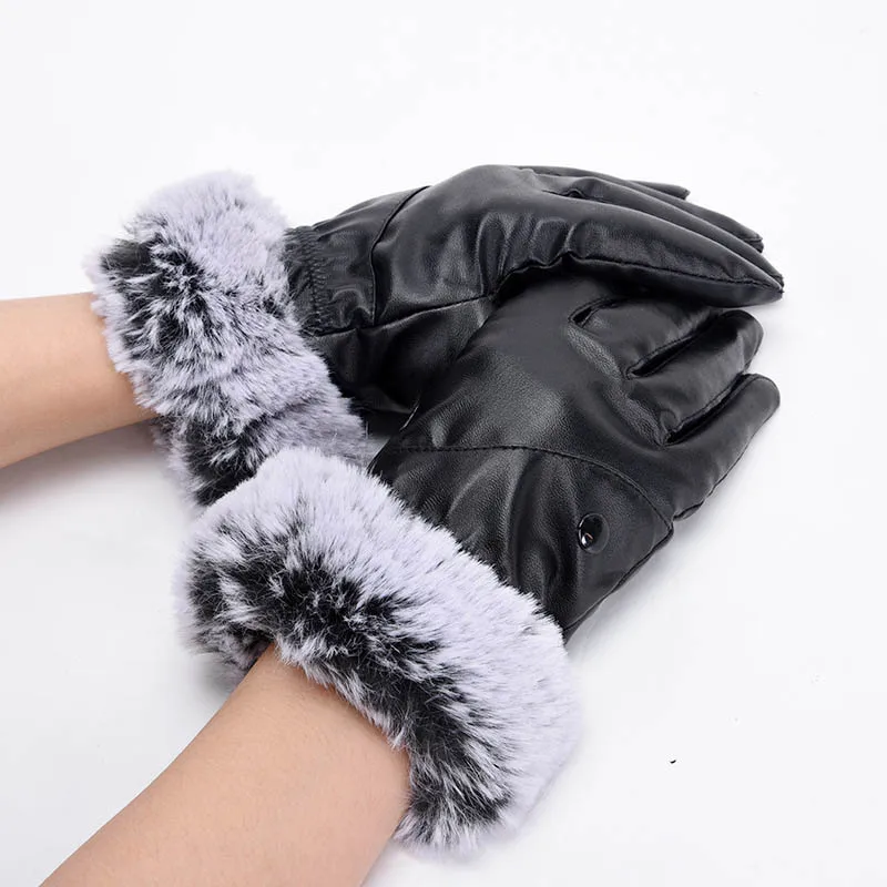 

Winter New Ladies Touch Screen Gloves Full Palm Plus Velvet Fashion Burr PU Windproof Warm Leather Gloves