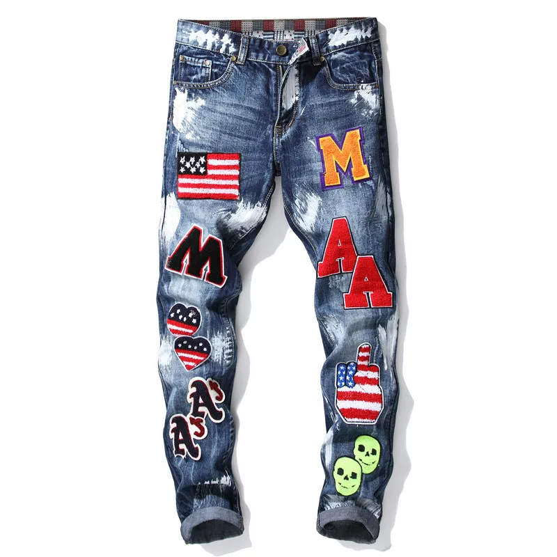 

New Fashion Brand Autumn Winter Men's Patchwork Ripped Embroidered Stretch Jeans Trendy Holes Straight Denim Trouers