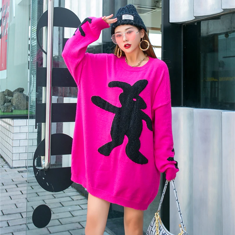 QING MO Red Diamond Rabbit Print Sweater Women