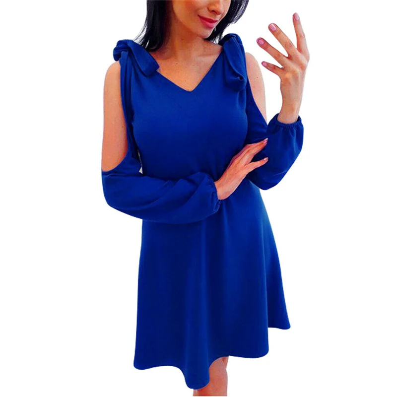 

Summer Womens V Neck Blue Ruffled Dress Off Shoulder Long Sleeve Knee Length Dress Sundress for Women Evening party