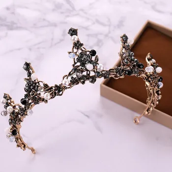

2020 Baroque Vintage Black Rhinestone Crown Bridal Tiaras Wedding